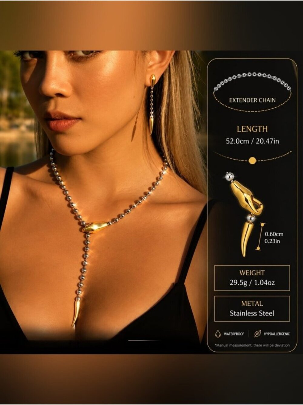 Gold & Silver Lariat Beaded Necklace with Drop Pendant